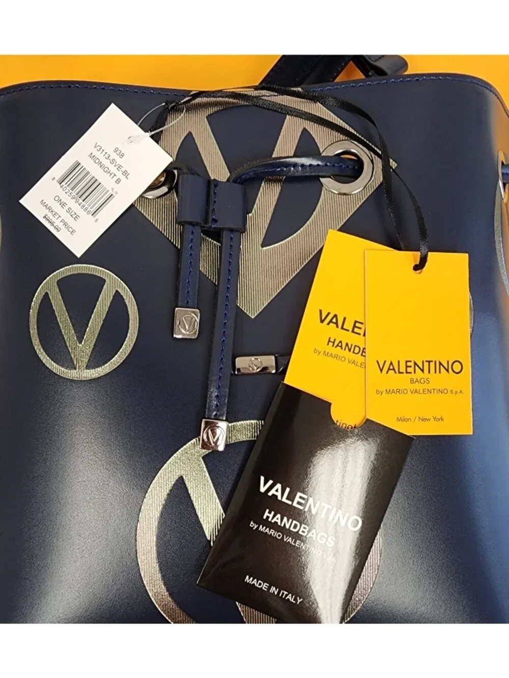 Valentino by Mario Valentino Logo Leather Bucket Crossbody Shoulder Bag Blue